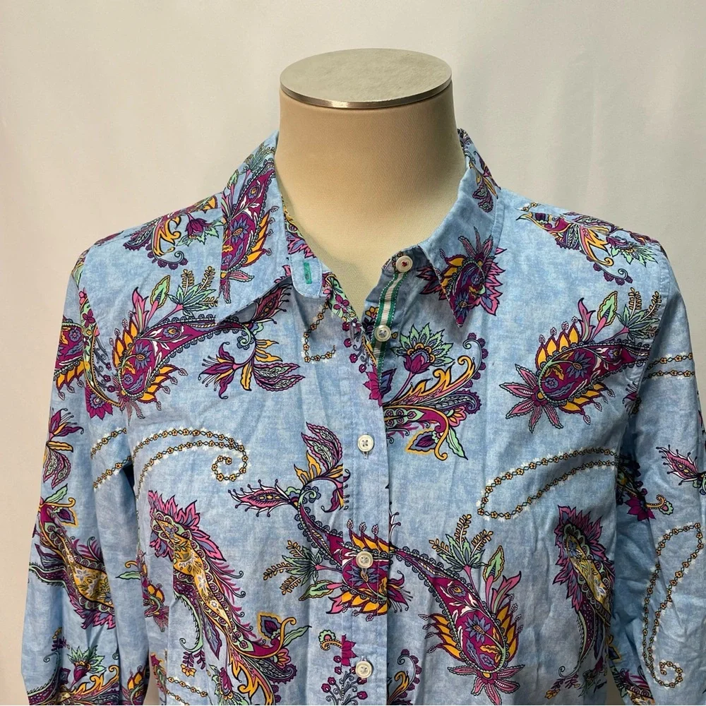 Talbots Cotton Button Front Swirly Paisley Blouse Top Women's Size M